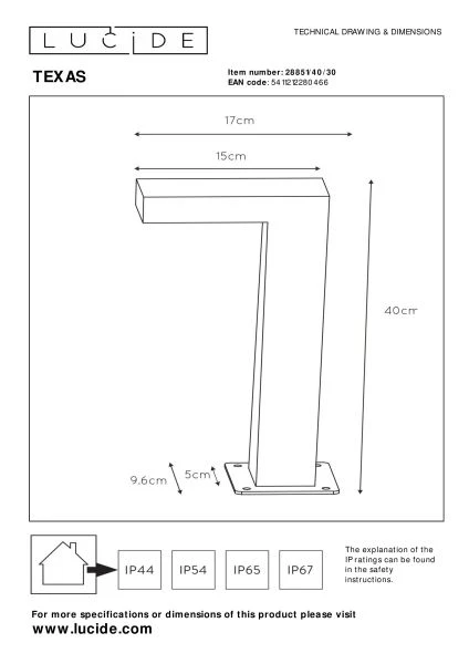 Lucide TEXAS - Pollerleuchte - LED - 1x8W 3000K - IP54 - Anthrazit - technisch